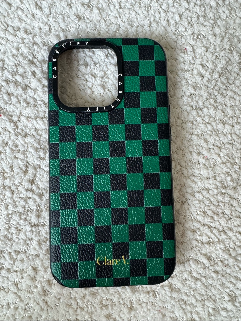 Clare V Green & Black leather Checkered iPhone 15 pro Case by CASETiFY
